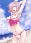  a-er_(akkij0358) adapted_costume armpits arms_up beach bikini blue_sky blush breasts cloud commentary_request covered_nipples cowboy_shot day fate/grand_order fate_(series) hair_over_one_eye highres lavender_hair looking_at_viewer mash_kyrielight medium_breasts navel outdoors purple_eyes short_hair sky solo stomach stretch sweat swimsuit swimsuit_of_perpetual_summer white_bikini 
