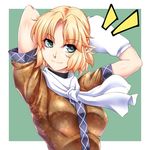  alternate_hairstyle arm_warmers arms_behind_head arms_up blonde_hair blush breasts brown_shirt commentary_request green_eyes looking_at_viewer mizuhashi_parsee ootsuki_wataru pointy_ears scarf shirt short_hair short_sleeves small_breasts smile solo touhou undershirt upper_body white_scarf 