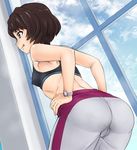  :p ass black_bra bra breasts brown_eyes brown_hair cameltoe closed_mouth cloud cloudy_sky cowboy_shot day dutch_angle eyebrows_visible_through_hair from_behind grey_pants hands_on_hips highres indoors leaning_forward no_shirt nurugamer-kouyouju pants pantylines shinmon_megumi short_hair sky small_breasts solo sports_bra standing tomica_hyper_rescue_drive_head:_kidou_kyuukyuu_keisatsu tongue tongue_out track_pants trefoil underwear watch window wristwatch 