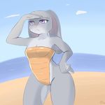  2016 anthro beach breasts camel_toe cleavage clothed clothing disney female frown fur grey_fur hand_on_hip hi_res judy_hopps lagomorph long_ears mammal ostuffles outside purple_eyes rabbit seaside small_breasts solo swimsuit water zootopia 