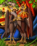 anthro avian beak bird brown_feathers day detailed_background duo feathered_wings feathers female jackrow male outside standing wings yellow_beak yellow_eyes 