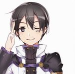  ;) black_hair eyebrows_visible_through_hair grin hair_between_eyes highres kirito male_focus one_eye_closed portrait simple_background smile solo sword_art_online sword_art_online_the_movie:_ordinal_scale white_background yoru_kiri 