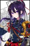  ahoge armor asuma_(hanezu) black_border black_hair border cape gloves highres japanese_armor kiwame_(touken_ranbu) kote male_focus military military_uniform namazuo_toushirou necktie ponytail purple_eyes shoulder_armor smile sode touken_ranbu uniform white_gloves 