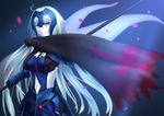  ahoge answering armor armored_dress banner black_gloves blue_background blue_dress breasts chain dress eyebrows_visible_through_hair fate/grand_order fate_(series) floating_hair gloves highres holding holding_weapon jeanne_d'arc_(alter)_(fate) jeanne_d'arc_(fate)_(all) long_hair looking_at_viewer medium_breasts navel parted_lips petals silver_hair smile solo standing stomach very_long_hair weapon white_skin yellow_eyes 