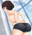  :p ass bike_shorts black_shorts breasts brown_eyes brown_hair cameltoe closed_mouth cloud cloudy_sky cowboy_shot day dutch_angle eyebrows_visible_through_hair from_behind hands_on_hips highres indoors leaning_forward nipples nurugamer-kouyouju shinmon_megumi short_hair short_shorts shorts sky small_breasts solo standing tomica_hyper_rescue_drive_head:_kidou_kyuukyuu_keisatsu tongue tongue_out topless trefoil underwear underwear_only watch window wristwatch 