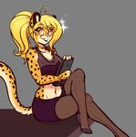  2017 amber_eyes anthro blonde_hair cheetah choker clothing cropped crossed_legs eyewear feline glasses hair legwear mammal midriff mihari miniskirt pantyhose scorpdk secretary sitting skirt sparkles toned_body 