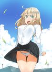  ass_visible_through_thighs blonde_hair blue_sky bow bow_panties breasts cloud day earrings green_eyes highres jewelry leaf long_hair looking_at_viewer medium_breasts open_mouth panties pantyshot power_lines purplevortex shadow skirt sky solo thighs underwear white_panties wind wind_lift 