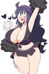  1girl alternate_hairstyle blush breasts cheerleader curvy hairband hex_maniac_(pokemon) huge_breasts jinu large_breasts long_hair npc_trainer open_mouth panties pokemon pokemon_(game) pokemon_xy pom_poms purple_eyes purple_hair smile solo sweat tagme thick_thighs 