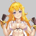  ahoge areola_slip areolae bare_shoulders blonde_hair breasts clenched_hands covered_nipples don_(rg06268) ember_celica_(rwby) fingerless_gloves gloves grey_background large_breasts long_hair looking_at_viewer purple_eyes rwby simple_background sweat yang_xiao_long 