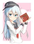  black_hat blue_eyes box cropped_torso eyebrows_visible_through_hair flat_cap gift gift_box habu. hair_between_eyes hat hibiki_(kantai_collection) holding holding_box kantai_collection long_hair looking_at_viewer neckerchief open_mouth red_neckwear school_uniform serafuku shirt silver_hair simple_background solo upper_body white_background white_shirt 