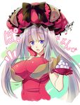  blue_eyes blush breast_expansion breasts commentary_request fate/grand_order fate_(series) food gloves hat large_breasts long_hair looking_at_viewer marie_antoinette_(fate/grand_order) mochi new_year open_mouth pony_r silver_hair smile solo twintails very_long_hair wagashi 