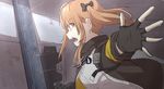  absurdres bow fingerless_gloves from_side girls_frontline gloves hair_bow highres jacket light_brown_hair open_mouth outstretched_arm outstretched_hand profile ricocheting shirt shouting solo twintails ump9_(girls_frontline) white_shirt xiujia_yihuizi 