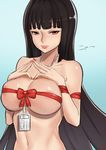  areola_slip areolae bad_id bad_pixiv_id bangs black_hair blunt_bangs breasts commentary_request cyicheng fingers_together jabami_yumeko jewelry kakegurui large_breasts long_hair looking_at_viewer nail_polish naked_ribbon navel necklace parted_lips red_eyes red_nails red_ribbon ribbon self_gift smile solo stomach upper_body very_long_hair 