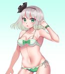  bangs bare_arms bare_shoulders bikini black_bow blush bow bow_bikini breasts cleavage cowboy_shot ears_visible_through_hair eyebrows_visible_through_hair gem_oblivion gradient gradient_background green_bow green_eyes hair_bow halter_top halterneck hand_up highres konpaku_youmu looking_at_viewer medium_breasts multicolored multicolored_background navel open_mouth short_hair side-tie_bikini silver_hair solo striped striped_bikini swimsuit touhou two-tone_background wristband 