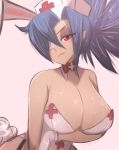  +_+ 1girl alternate_costume animal_ears artist_name blue_hair breasts bunny_ears bunny_tail bunnysuit detached_collar hair_over_one_eye hat highres large_breasts long_hair looking_at_viewer nurse_cap omiza_somi ponytail red_cross red_eyes skullgirls solo tail valentine_(skullgirls) 