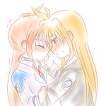  2girls blonde_hair blush breath brown_hair couple embarrassed fate_testarossa incipient_kiss long_hair looking_at_another lyrical_nanoha mahou_shoujo_lyrical_nanoha mahou_shoujo_lyrical_nanoha_strikers mahou_shoujo_lyrical_nanoha_vivid military_uniform multiple_girls red_eyes shaking side_ponytail simple_background takamachi_nanoha uniform very_long_hair wara_neko waraneko white_background yuri 