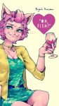  alcohol beverage bojack_horseman bracelet clothed clothing domestic_cat felid feline felis female hair jewelry long_nails mammal necklace pink_hair princess_carolyn ring simple_background smile solo stevens&quot;8&quot;_(artist) white_background wine 