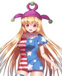  absurdres american_flag_dress american_flag_legwear american_flag_panties bangs blonde_hair breasts brown_eyes clownpiece cowboy_shot eyebrows_visible_through_hair gem_oblivion hair_between_eyes hat highres jester_cap long_hair looking_at_viewer medium_breasts neck_ruff open_mouth panties pantyshot short_sleeves simple_background slit_pupils solo star thighhighs touhou underwear very_long_hair white_background 