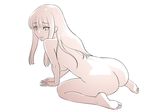  all_fours ass bangs blunt_bangs blush breasts highres light_smile long_hair looking_at_viewer looking_back medium_breasts monochrome nude open_mouth original sidelocks simple_background soles solo straight_hair tadano_akira tsurime 