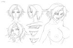  1girl breasts character_sheet erect_nipples fangs female kagami_hirotaka koutetsu_no_majo_anneroze large_breasts lee_mayfeng lilith-soft looking_at_viewer monochrome multiple_views nude official_art short_hair smile translation_request white_background 