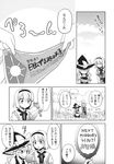  alice_margatroid apron braid capelet comic dress greyscale hat headband highres kirisame_marisa long_hair mikagami_hiyori mirror monochrome multiple_girls ribbon short_hair single_braid touhou translated waist_apron witch_hat 