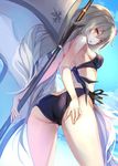  ass beach bikini black_bikini blue_sky breasts day empty_eyes eyebrows_visible_through_hair fal_maro fate/grand_order fate_(series) flag flower from_behind hair_between_eyes hair_flower hair_ornament hand_on_own_ass jeanne_d'arc_(alter)_(fate) jeanne_d'arc_(fate)_(all) leaning_forward long_hair looking_back medium_breasts open_mouth outdoors side-tie_bikini sideboob silver_hair sky solo swimsuit very_long_hair yellow_eyes 