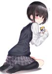  bangs black_hair black_legwear blush brown_eyes commentary_request eyebrows_visible_through_hair flying_sweatdrops food from_behind holding holding_food long_sleeves looking_at_viewer looking_back neku_(neku_draw) no_shoes original plaid plaid_skirt school_uniform shadow shirt short_hair simple_background sitting skirt socks solo sweater_vest sweet_potato wariza white_background white_shirt 