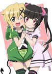  :d akatsuki_kirika arm_around_shoulder arm_around_waist black_hair black_legwear blonde_hair blush bow cheek-to-cheek demon_tail dress green_eyes green_hoodie hair_bow hair_ornament holding_hands hood hoodie interlocked_fingers looking_at_viewer multiple_girls one_eye_closed open_mouth pink_bow pink_dress pink_eyes puffy_short_sleeves puffy_sleeves purple_eyes senki_zesshou_symphogear short_hair short_shorts short_sleeves shorts side-by-side smile tail thighhighs tsukuyomi_shirabe twintails x_hair_ornament yaya_(20090410) 