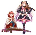 blonde_hair bob_cut clapping conmimi dress drill_hair elbow_gloves elise_(fire_emblem_if) fire_emblem fire_emblem_if gloves instrument japanese_clothes koto_(instrument) multiple_girls pink_hair sakura_(fire_emblem_if) simple_background smile violin white_background 