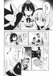  alice_margatroid apron braid capelet comic dress dress_shirt greyscale hat headband highres kirisame_marisa long_hair mikagami_hiyori monochrome multiple_girls ribbon shameimaru_aya shirt short_hair single_braid skirt tokin_hat touhou translated waist_apron witch_hat 