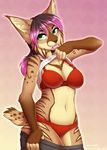  5_fingers anthro bra breasts clothing eyelashes feline female fur green_eyes grey_fur hair inner_ear_fluff kyotokisha15 lynx mammal midriff navel purple_hair simple_background solo tan_fur tongue underwear 