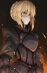  &gt;:( armor armored_dress artoria_pendragon_(all) bangs black_armor blonde_hair braid closed_mouth commentary_request dark_excalibur dark_persona fate/stay_night fate_(series) french_braid frown hair_bun highres kan_(aaaaari35) looking_away saber_alter solo upper_body v-shaped_eyebrows yellow_eyes 
