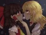  &gt;:( blonde_hair blush bow braid brown_hair commentary dango flat_chest food frown hair_bow hakurei_reimu hand_on_another's_chin kirisame_marisa large_bow messy_hair multiple_girls no_hat no_headwear profile red_eyes riza_dxun shared_food side_braid single_braid surprised touhou turtleneck v-shaped_eyebrows wagashi wavy_hair wide-eyed yellow_eyes yuri 