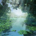  arsenixc blue_sky commentary_request dappled_sunlight day highres no_humans outdoors plant river scenery sky sunlight swamp tree watermark 