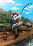  absurdres berrywizard black_hair day donny_(fire_emblem) fire_emblem fire_emblem:_kakusei fishing fishing_line fishing_rod highres male_focus outdoors pot pot_on_head smile solo 