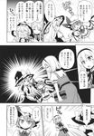  alice_margatroid apron bat_wings braid capelet comic dress greyscale hat headband highres izayoi_sakuya kirisame_marisa knife long_hair maid maid_apron maid_headdress mikagami_hiyori mob_cap monochrome multiple_girls remilia_scarlet ribbon short_hair single_braid touhou translated twin_braids waist_apron wings witch_hat 