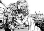  amputee arm_over_shoulder armor bedivere blood bloody_clothes braid cape crying fate/grand_order fate_(series) flog001 french_braid fujimaru_ritsuka_(male) greyscale impaled long_hair male_focus monochrome multiple_boys sword tears weapon 