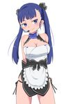  apron arms_behind_back bangs bare_shoulders black_panties black_ribbon blue_bow blue_eyes blue_hair blue_neckwear blunt_bangs blush bow bowtie breasts bubukka buttons cleavage cleavage_cutout closed_mouth cowboy_shot dream_c_club dream_c_club_(series) dream_c_club_gogo. dress frilled_apron frills hair_ribbon halterneck headset hostess legs_apart light_smile long_hair looking_at_viewer lowleg lowleg_panties maid_apron medium_breasts naughty_face panties panty_straps ribbon rinrin_(dream_c_club_gogo.) sash short_dress side-tie_panties side_slit simple_background skindentation smile solo standing straight_hair string_panties taut_clothes twintails underwear waist_apron white_background 