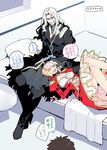  2boys bed blonde_hair blue_eyes breasts dress facial_hair fate/apocrypha fate/extra fate/grand_order fate_(series) fujimaru_ritsuka_(male) goatee koshiro_itsuki lap_pillow long_hair long_sleeves medium_breasts multiple_boys nero_claudius_(fate) nero_claudius_(fate)_(all) pun red_dress short_hair translated vlad_iii_(fate/apocrypha) white_hair 