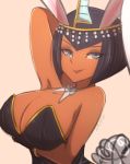  1girl animal_ears arm_up artist_name black_hair blue_eyes bow bowtie breast_rest breasts bunny_ears bunny_tail bunnysuit dark_skin detached_collar eliza_(skullgirls) headgear highres large_breasts looking_at_viewer omiza_somi short_hair skullgirls smile solo tail upper_body 