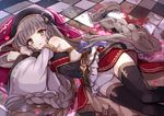  belt beret berukko black_legwear blush braid bug butterfly detached_sleeves floor granblue_fantasy grey_hair hair_ornament hat heterochromia insect long_hair looking_at_viewer lying open_mouth pholia short_eyebrows solo thick_eyebrows thighhighs twin_braids 