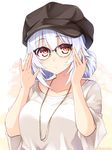  brown_eyes cu-no glasses hat hisenkaede jewelry looking_at_viewer necklace rapua_qive silver_hair simple_background solo upper_body 