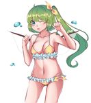  ;d absurdres ahoge bangs bare_arms bikini blue_eyes blush bow breasts cowboy_shot daiyousei ears_visible_through_hair eyebrows_visible_through_hair frilled_bikini frills gem_oblivion green_hair groin hair_bow hand_up highres insect_wings long_hair looking_at_viewer medium_breasts navel one_eye_closed open_mouth side_ponytail simple_background smile solo swimsuit touhou white_background wings yellow_bikini yellow_bow 