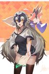  animal_ears bare_shoulders black_legwear bow bra_strap breasts cowboy_shot dated fate/grand_order fate_(series) hair_bow hand_on_hip headpiece highres jeanne_d'arc_(alter)_(fate) jeanne_d'arc_(fate)_(all) large_breasts li_chunfu long_hair looking_at_viewer multiple_girls off_shoulder pink_hair raglan_sleeves shirt silver_hair t-shirt tail tamamo_(fate)_(all) tamamo_no_mae_(fate) thighhighs twintails very_long_hair white_sleeves yellow_eyes 
