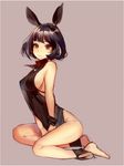  animal_ears ankle_cuffs barefoot between_legs black_hair bob_cut breasts bright_pupils brown_background copyright_request hand_between_legs large_breasts leaning_forward looking_at_viewer red_eyes see-through_silhouette short_hair sideboob simple_background sitting solo tioeo white_pupils wrist_cuffs yokozuwari 