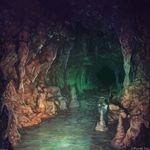  arsenixc cave commentary_request dark highres indoors no_humans river rock scenery stalactite stalagmite water watermark 