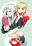  1girl alternate_hairstyle back blonde_hair blue_eyes bow facial_hair fate/apocrypha fate/extra fate_(series) goatee green_eyes hair_bow hair_up hand_mirror koshiro_itsuki looking_at_mirror matching_hairstyle mirror nero_claudius_(fate) nero_claudius_(fate)_(all) translated vampire vlad_iii_(fate/apocrypha) white_hair 
