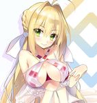  bangs bikini blonde_hair blush braid breasts closed_mouth commentary_request criss-cross_halter eyebrows_visible_through_hair fate/grand_order fate_(series) green_eyes hair_between_eyes hair_intakes hair_ribbon halter_top halterneck large_breasts long_hair looking_at_viewer nero_claudius_(fate)_(all) nero_claudius_(swimsuit_caster)_(fate) red_bikini ribbon see-through sidelocks smile solo striped striped_bikini swimsuit upper_body white_ribbon youta 