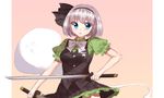  ^p^ alternate_color bangs black_bow blue_eyes bow bowtie buttons cowboy_shot dual_wielding eyebrows_visible_through_hair gem_oblivion hair_bow highres holding holding_sword holding_weapon konpaku_youmu konpaku_youmu_(ghost) open_mouth pleated_skirt pocket puffy_short_sleeves puffy_sleeves short_hair short_sleeves skirt skirt_set solo sword touhou weapon white_bow white_hair white_neckwear 