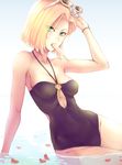  android_18 aqua_nails arm_support arm_up armpits bad_id bad_pixiv_id bare_arms bare_shoulders black_swimsuit blonde_hair blue_eyes bracelet breasts casual_one-piece_swimsuit covered_navel dragon_ball eating eyes_visible_through_hair eyewear_on_head food food_in_mouth grey_background halterneck highres jewelry medium_breasts mouth_hold nail_polish one-piece_swimsuit partially_submerged petals popsicle purple_mii removing_sunglasses shiny shiny_hair short_hair simple_background sitting solo sunglasses swimsuit thighs tsurime water white-framed_eyewear 
